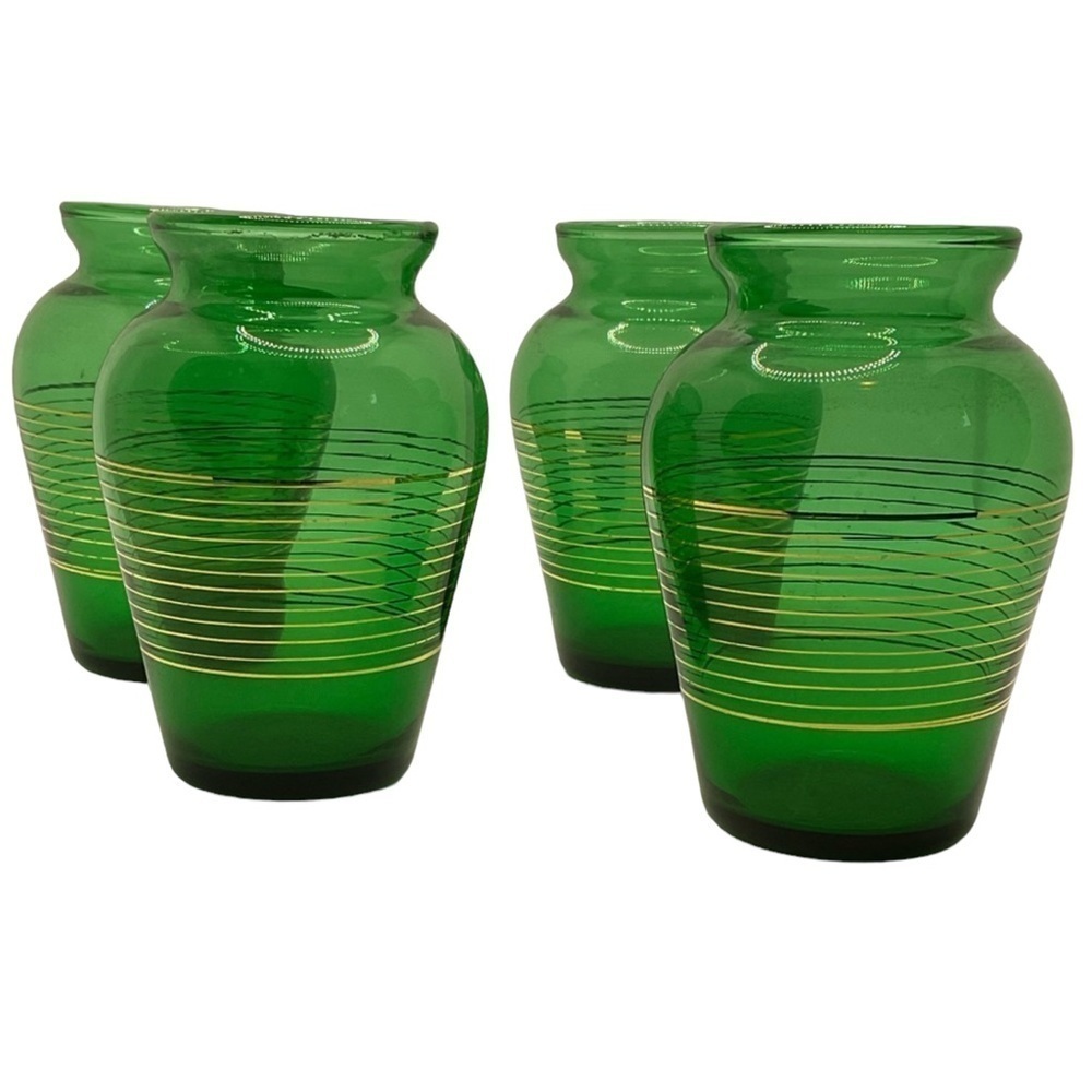 4 Vintage Anchor Hocking Green Glass Bud Vases. Mid Century Modern Gold Stripes